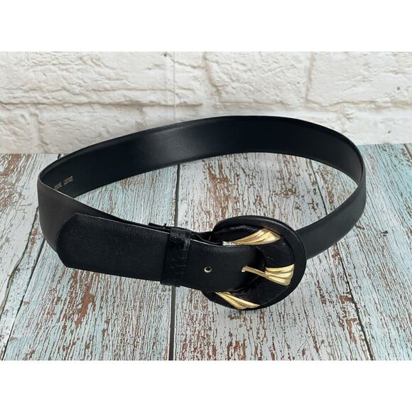 Women's Vintage 1980 Black and Gold Tone Accent Buckle Belt L - Picture 2 of 14